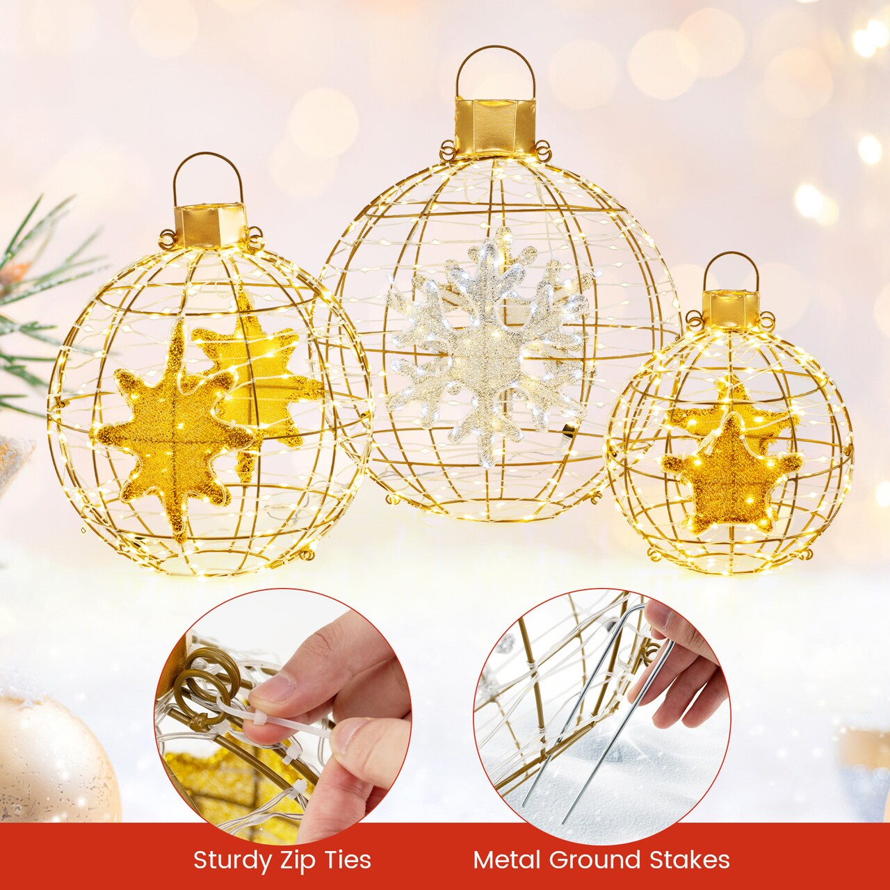 Gold Pre Lit Christmas Lantern Balls Set of 3 with LED Lights and Hooks